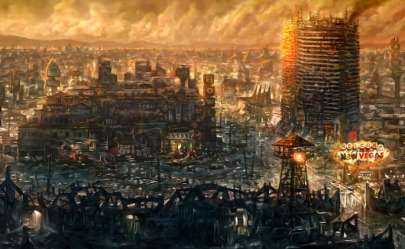 vegas skyline, residential district, dusk, fnv game, fallout new vegas skyline, cityscape, city, building, skyscraper, Games, built structure, night, painting
