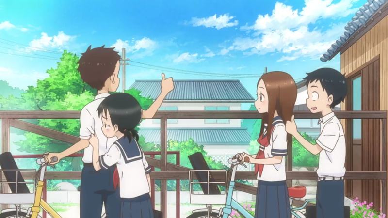 standing, nature, architecture, bonding, three quarter length, people, leisure activity, day, railing, young women, built structure, Takagi-san, sky, togetherness