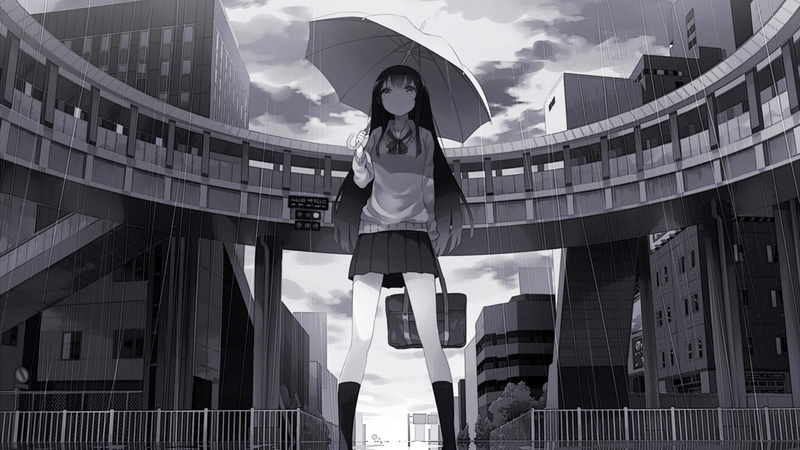 1080P, long hair, long, hair, schoolgirl, girls, umbrella, anime, anime girls, bag, rain