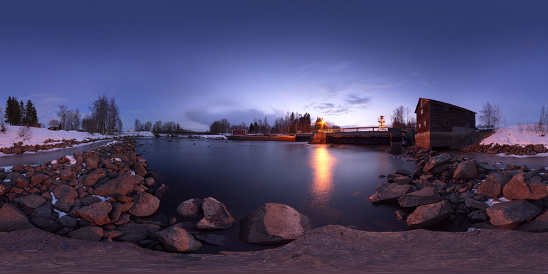 kevät, Samyang, equirectangular, koski, winter, house, Maaninka, 8K, water, beside, 8mm, night, hämärä, nature, virta, f3, body of water, body, Hugin