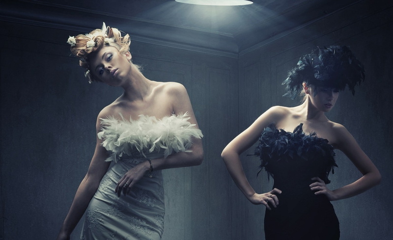 indoors, looking at viewer, lights, hair, 720P, hairstyle, fashion, women, model, beautiful people, black dress, photography, brunette, beauty, two people