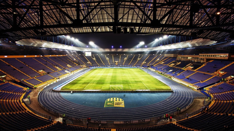 sports venue, green, lighting Equipment, backgrounds, empty, sport, high angle view, tribune, built structure, competitive Sport, spotlight, soccer, competition