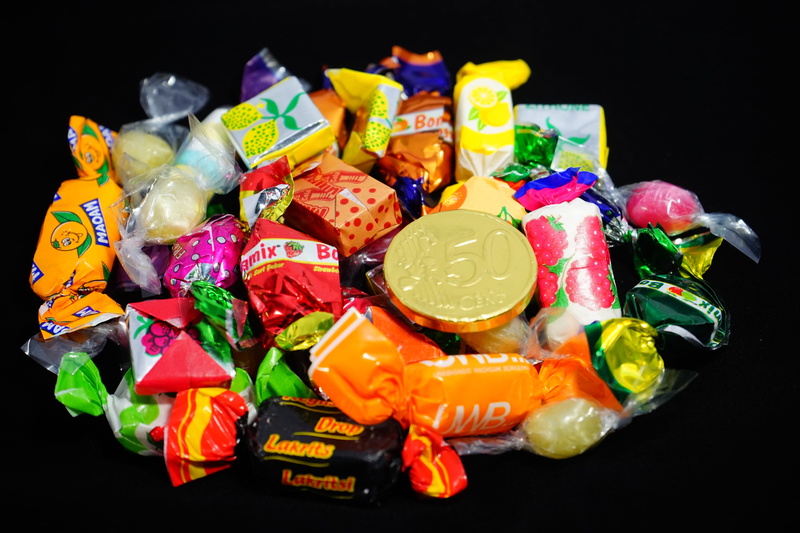 assorted, abundance, still life, colorful, packet, sweet food, hand made sweets, multi colored, food, ready-to-eat, sucking candies, freshness, gold coins