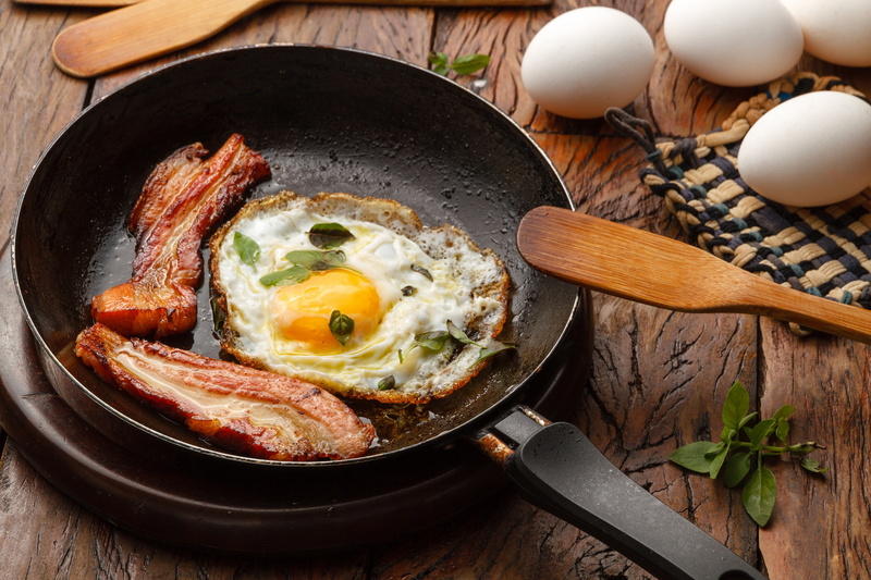 pan, side, bacon, scrambled eggs, fried, blade, Breakfast, sunny, 1080P, egg, eggs