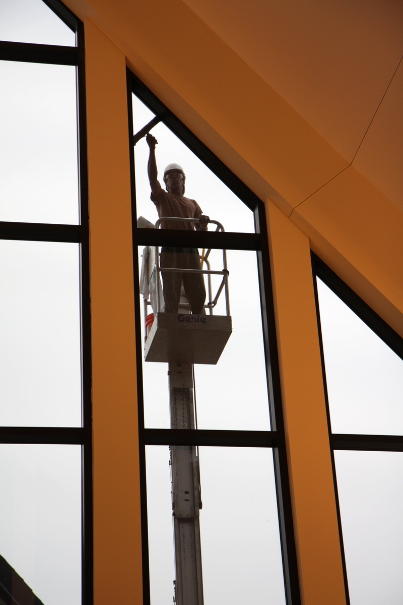 ladder, building, clean, architecture, day, industry, cleaner, low angle view, squeegee, window cleaner, working, outdoors, silhouette, occupation, construction site