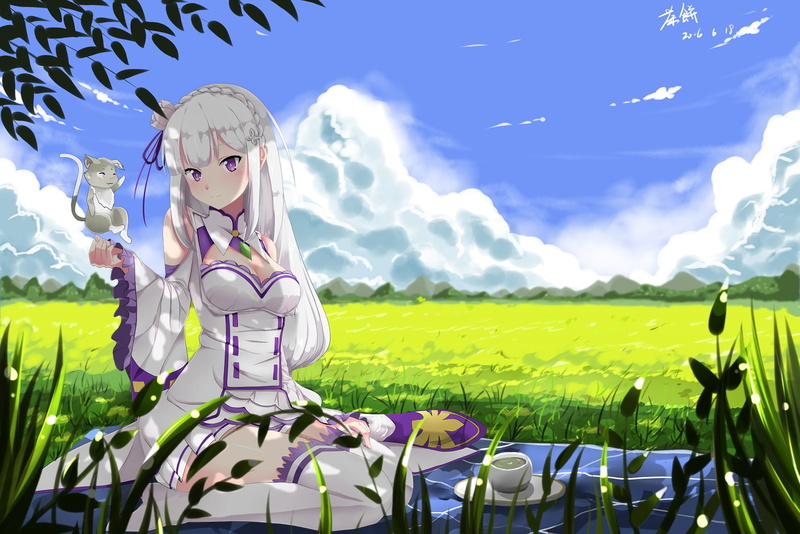 flowering plant, Anime, sitting, emilia, cloud - sky, puck, growth, no people, sky, representation, beauty in nature, plant, art and craft, green color