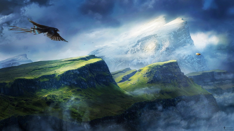 sky, mountains, eagle, bird of prey, clouds, Zeppelin, 1080P