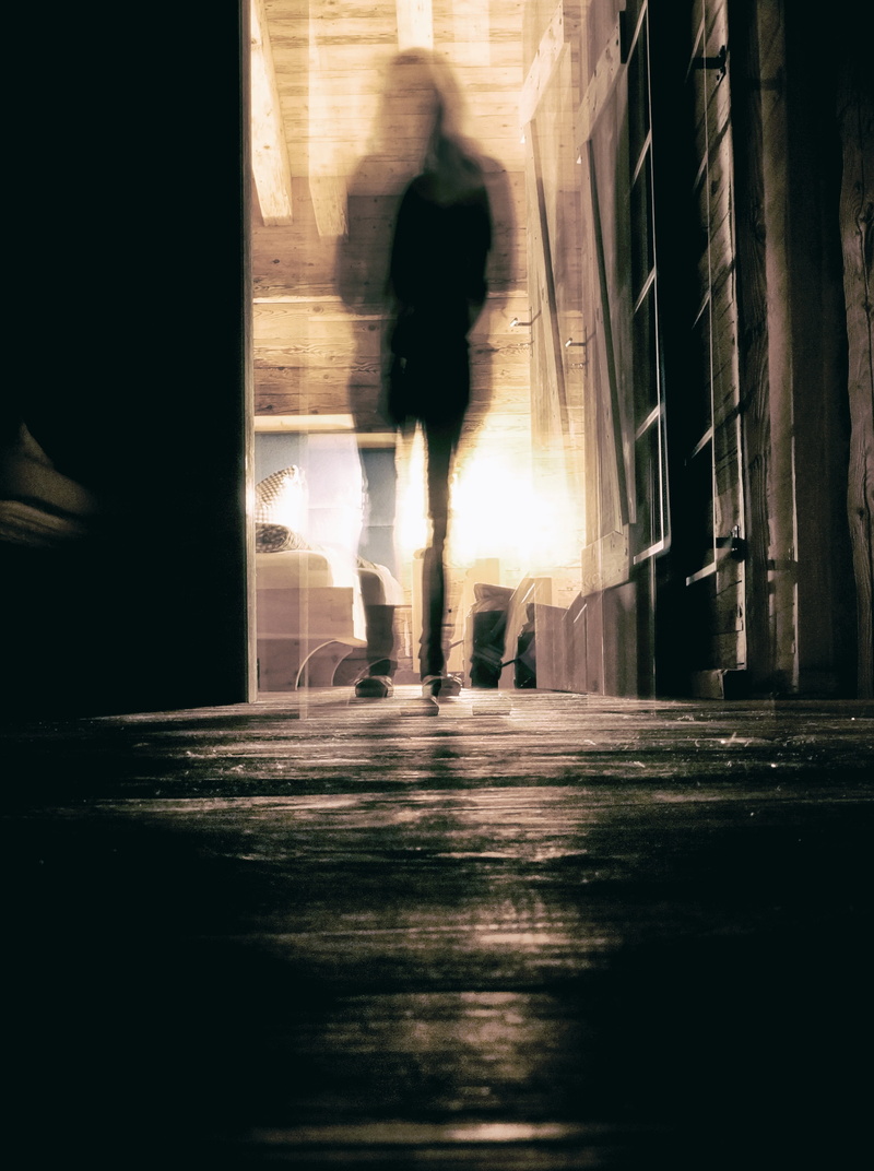 architecture, creepy, motion, floor, dark, standing, corridor, spirit, real people, women, halloween ghost, walking, black, spooky, night, darkness, lifestyles