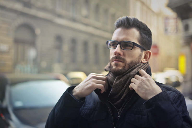 one person, casual, zip, front view, street, male, fashionable, eyewear, black, young men, urban, building exterior, lifestyles, architecture, jacket, serious