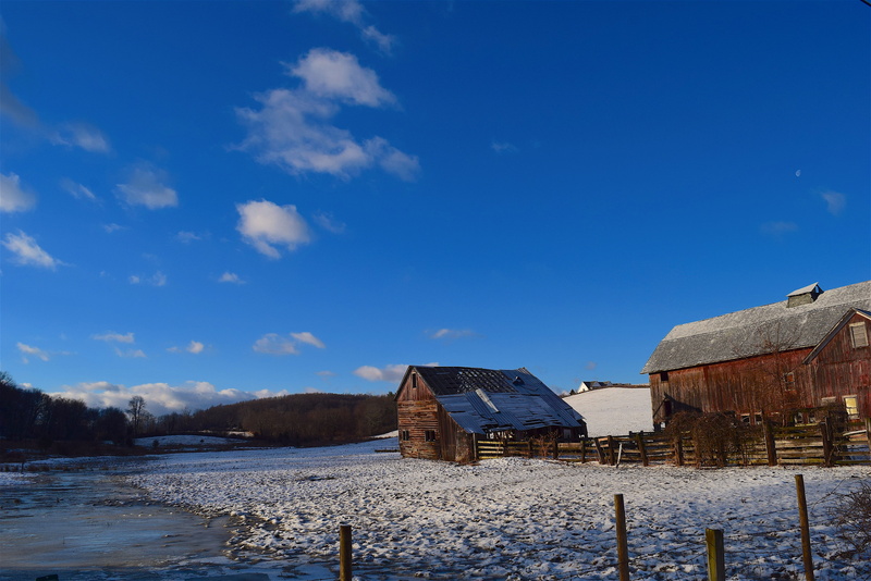 ice, wooden, dilapidated, morning, farm, weather, light, shed, barn, natural, blue, house, clouds, building, built structure, snow, cloud - sky, rural