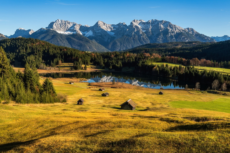 autumn, Alps, forest, wooden, shadows, field, sheds, light, blue sky, house, lake, tops, glade, meadows, lawn, view, the barn, nature, ate, hills, Bayern
