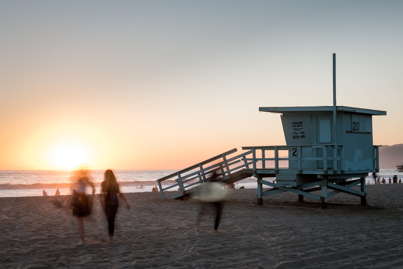 summer, man made structure, people, scenics - nature, sand, seashore, sun, sky, horizon, white, nature, lifeguard tower, evening, surfer, warm, sea, waves