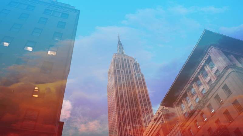 USA, cyan, orange, double exposure, clouds, blue, outdoors, tall - high, nature, built structure, gray, no people, Photoshop, 4K, concrete, high, architecture
