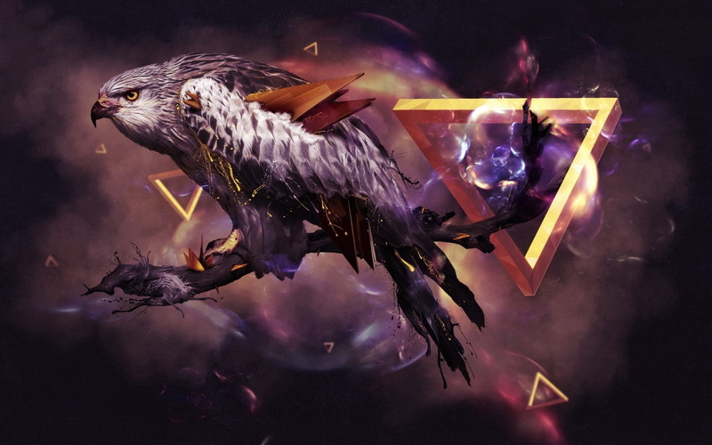 3D, branch, artwork, Penrose triangle, digital art, wings, 1080P, triangle, CGI, birds, eagle, animals