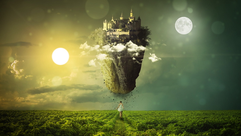 thick grass, навстречу к мечте, moon, sleep, castle in the air, девушка в белом платье, field, 2K, the moon, dream, густая трава, beauty, fantasy art