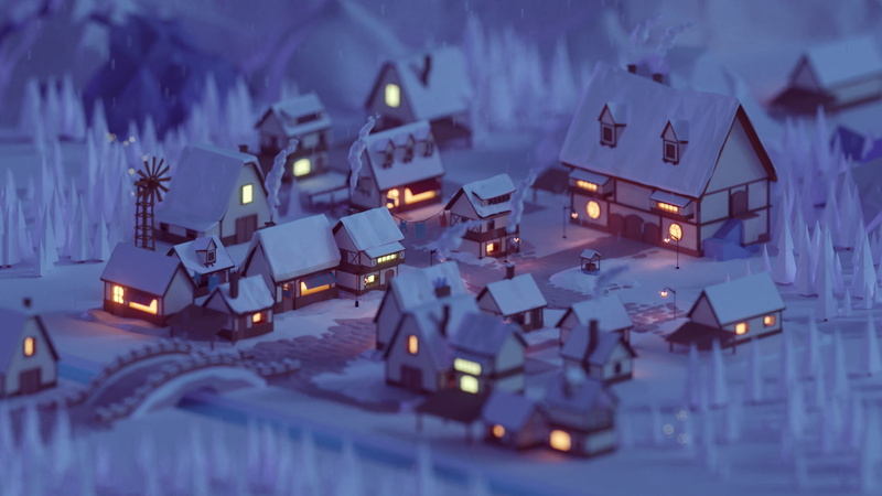 nature, winter, night, macro, house, trees, render, geometry, Mohamed Chahin, city, 1080P, forest, street, low poly