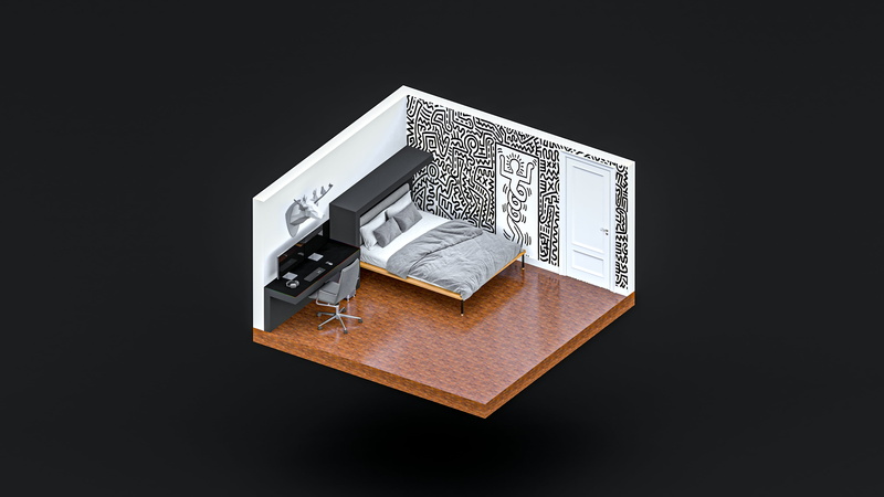 minimalism, isometric, 4K, bedroom