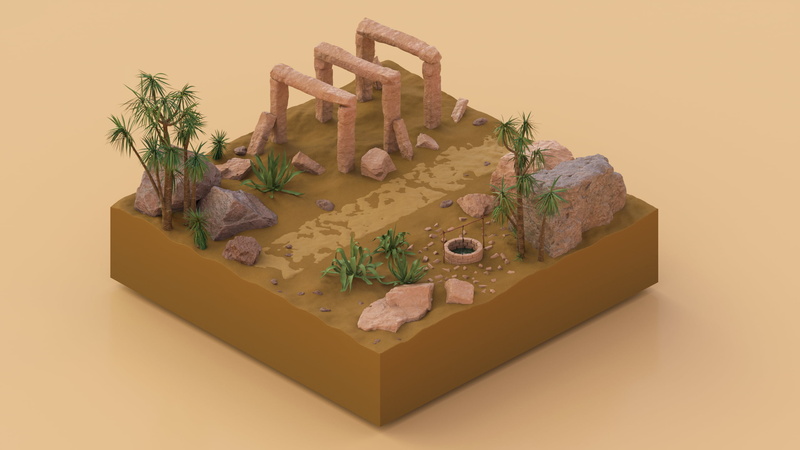 the well, warm light, trees, desert, CGI, isometric, dirt, leaves, sand castle, dust, sandstone, reliefs, palm trees, path, debris, yucca, dirt road, rocks