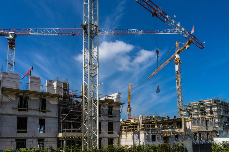 low angle view, building exterior, industrial equipment, 5K, outdoors, house construction, blue, building, construction, built structure, construction machinery