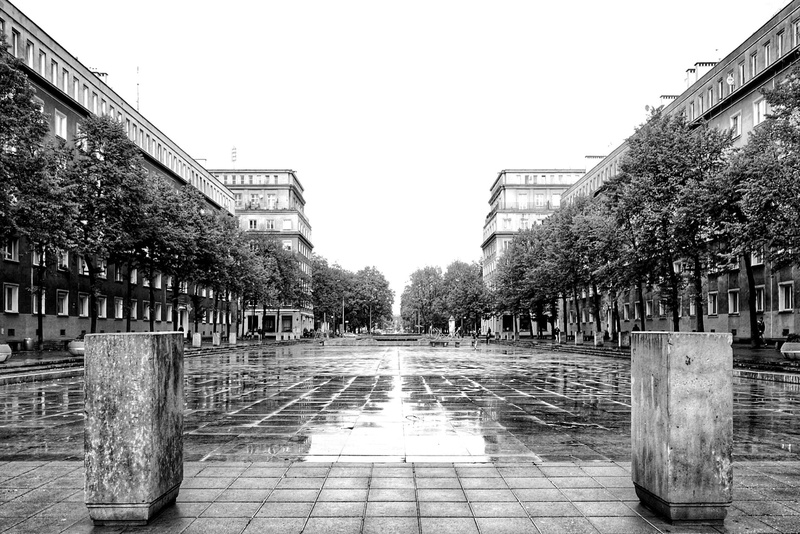 day, building, tree, the past, nowa huta, kraków, black and white, sky, no people, diminishing perspective, outdoors, building exterior, city, architecture