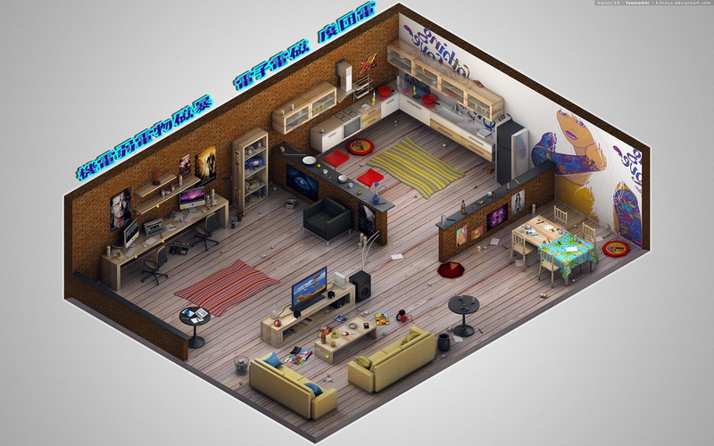 headphones, 1080P, homes, isometric