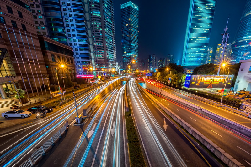 modern, light trail, blurred Motion, outdoors, built Structure, office building exterior, city, downtown District, light streaks, cityscape, downtown, illuminated