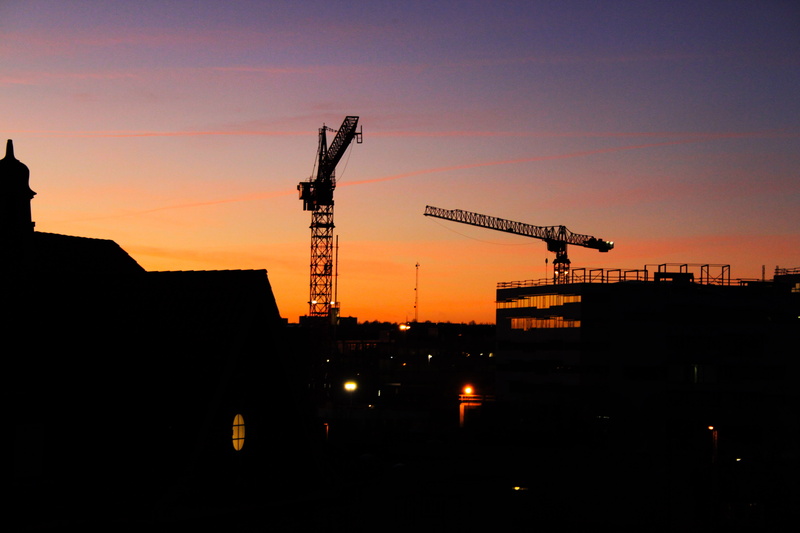 business, no people, scaffolding, crane, night, dawn, built Structure, construction equipment, building - Activity, industry, sky, illuminated, architecture