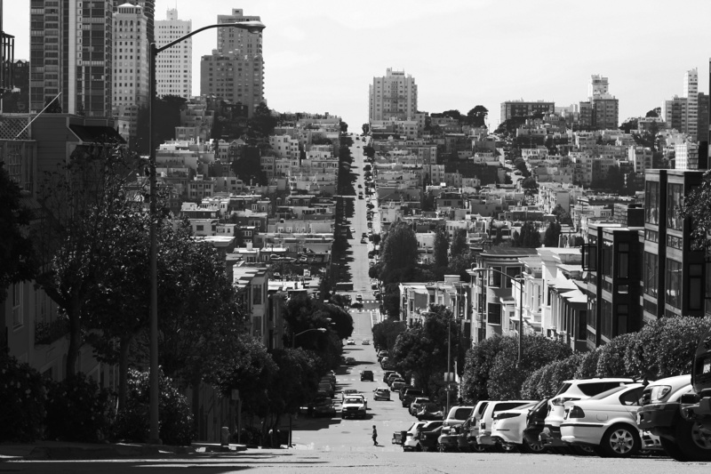 trees, outdoors, grayscale, architecture, city, black and white, residential district, cars, cityscape, road, houses, urban, financial district, nature