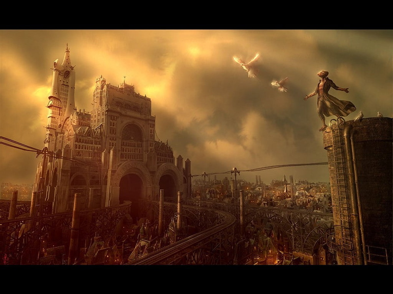 auto post production filter, spirituality, digital art, city, anime, no people, 480P, history, sunset, photo, transportation, cityscape, outdoors, low angle view