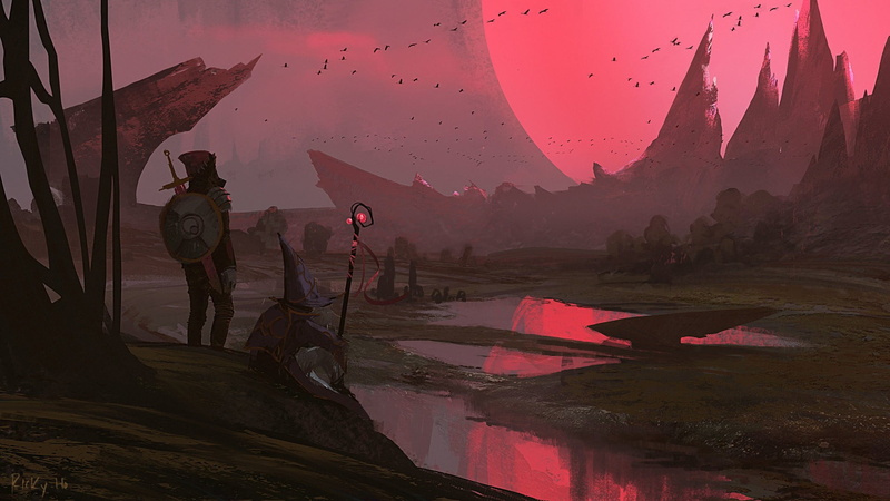graphic, land, architecture, outdoors, person, fantasy art, photo, sunset, men, facing, beauty in nature, scenics - nature, environment, 1080P, mountain