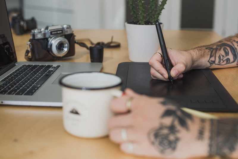 Technology, Graphic Design, Office, 4K, Laptop, Professional, using laptop, Keyboard, furniture, human body part, Coffee, Design, pen, hand, adult, work