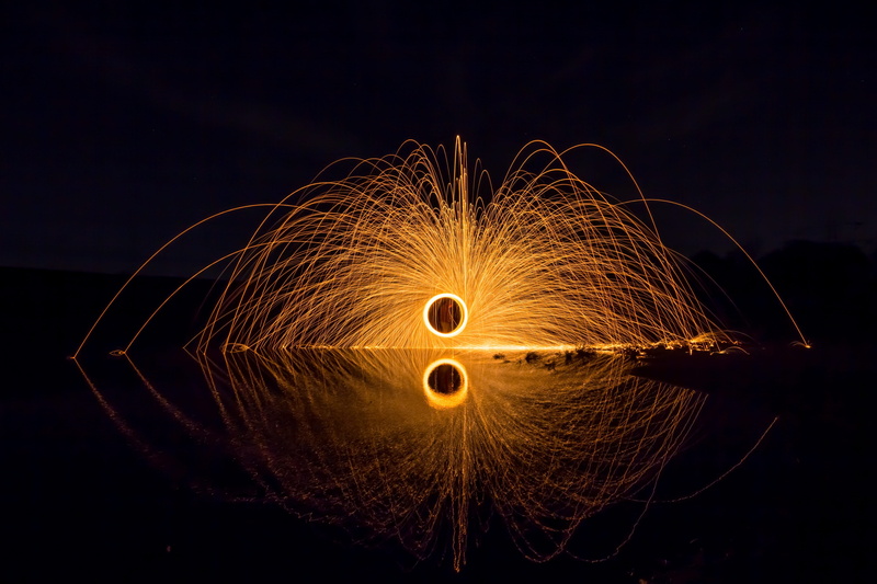 communication, mirroring, circle, warning sign, sky, light performance, glowing, night, flying sparks, blurred motion, steel wool, shape, light art, fireworks