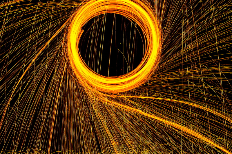 motion, long exposure, shape, flame, blurred motion, ring, wool, no people, night, abstract, spinning, wire wool, speed, light painting, 4K, orange color