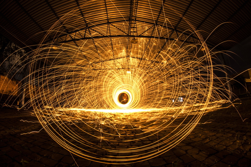 spinning, spiral, speed, no people, light trail, fire, 5K, blurred motion, flame, motion, inside, night, steel, geometric shape, court, illuminated, long exposure