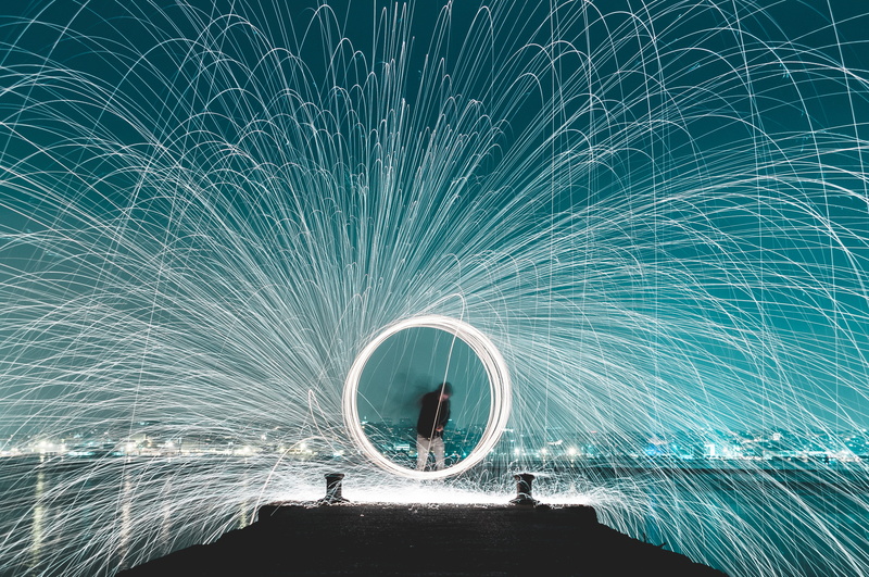 spin, portugal, sparks, blurred motion, light trail, water, light effect, speed, lsiboa, person, performer, performance, pier, outdoors, circle, one person