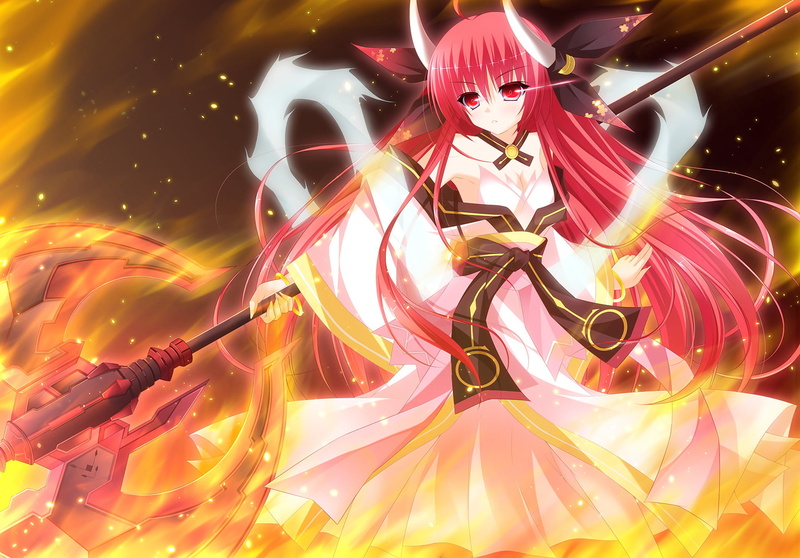 weapon, fire, clothes, horns, long, yuunagi, artifacts, amane, kimono, jpeg, japanese, red, live, eyes, date, itsuka, 720P, kotori, hair