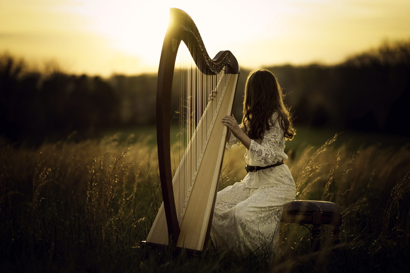 girl, 1080P, harp, light