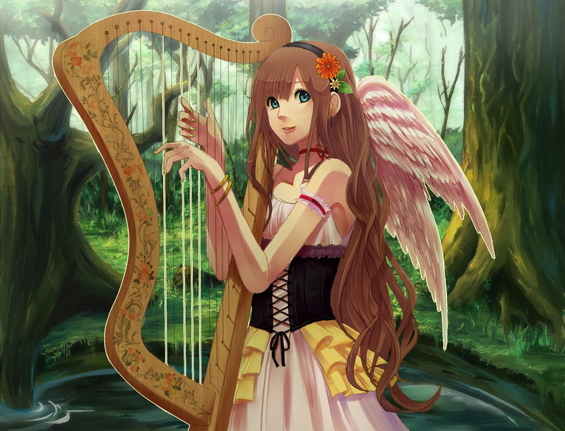 anime girls, looking at camera, anime, front view, young adult, standing, real people, wings, hairstyle, fashion, long hair, portrait, 720P, beauty, harp