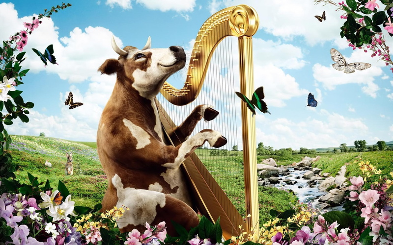 harp, white, 1080P, fantasy, brown, art, singing, cow, birds