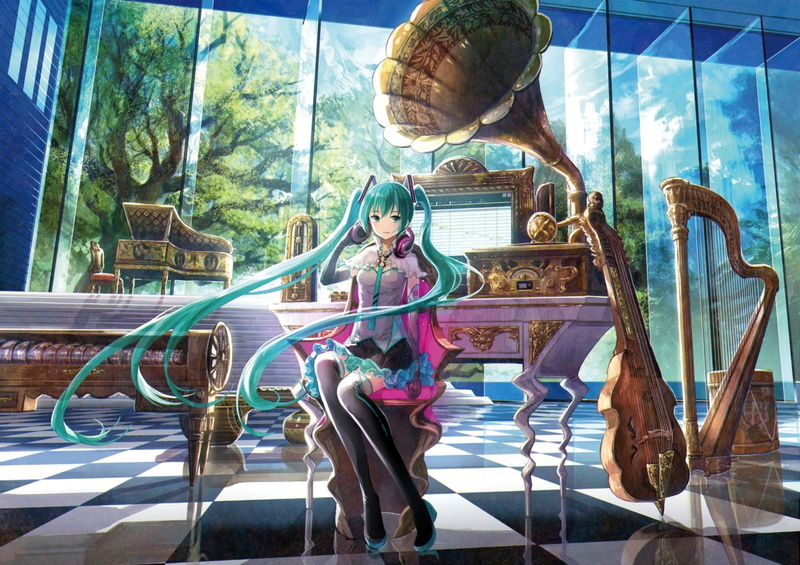 blue hair, music, Hatsune Miku, anime, 720P, harp, headphones, piano, musical instrument, violin, Vocaloid