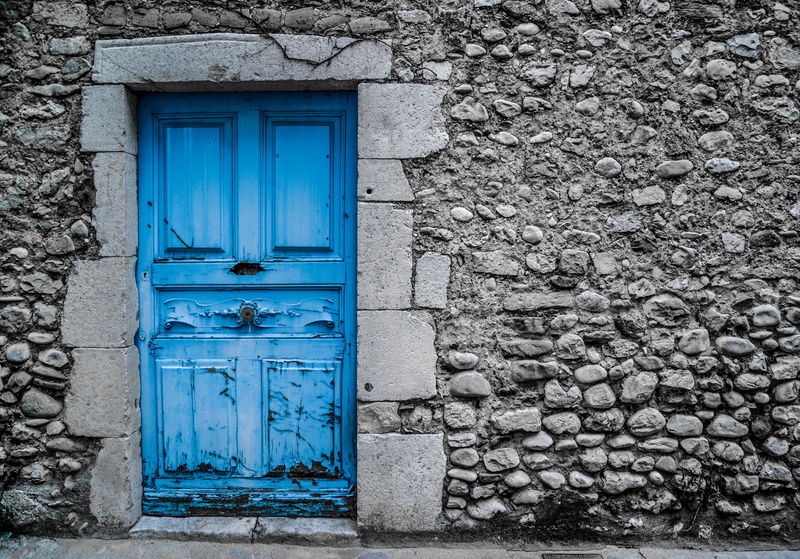 closed, safety, old, house, security, day, blue door, wall, close, protection, no people, outdoors, panel, window, vintage, paint, wood, wooden, residential district