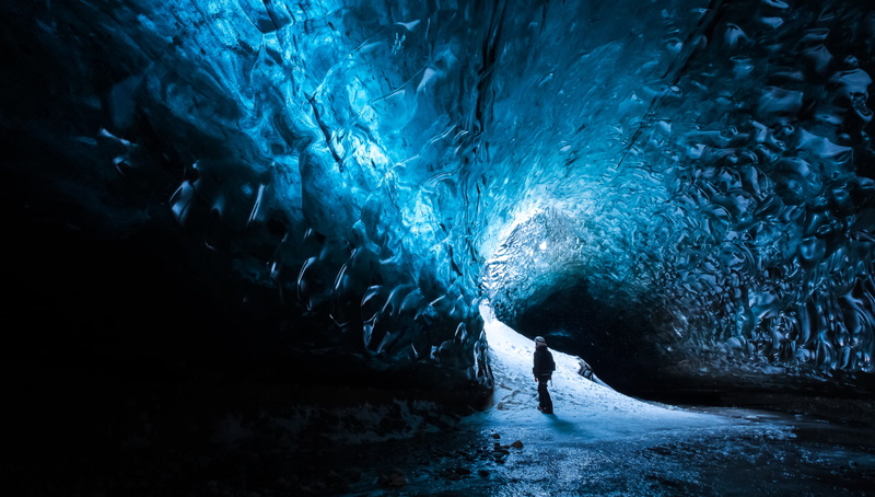 Iceland, full length, illuminated, light - natural phenomenon, 1080P, Ice, men, Cave, blue, leisure activity, Ice Cave, night, one person, architecture