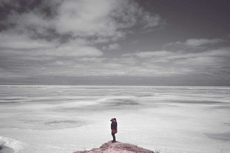 portrait, lake, remote, trip, sky, white, nature, snow, day, water, view, non-urban scene, perspective, scenics - nature, one person, land, beauty in nature