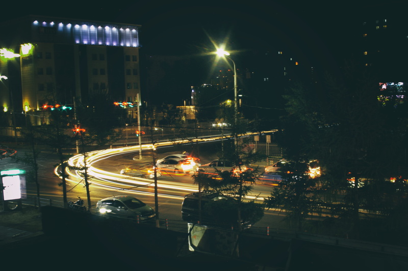 transportation, night, building exterior, city street, road, mode of transportation, motor vehicle, ulaanbaatar, street light, outdoors, high angle view