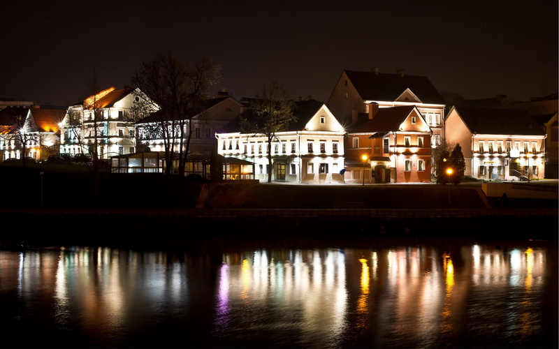 Trinity Suburb, Belarus, lights, Minsk, river, 2K, night