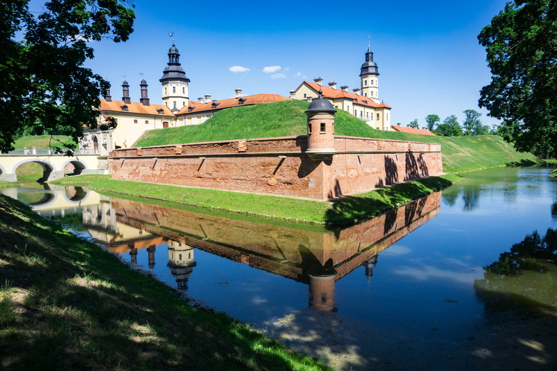 water, tree, history, beauty, built structure, place of worship, nature, tower, belarus, building exterior, sky, architecture, plant, lake, belief, building