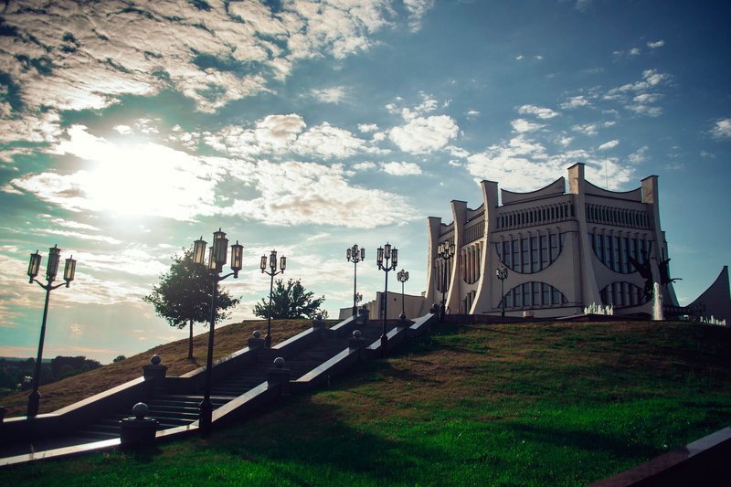 grass, cloud - sky, belarus, lawn, plant, outdoors, hrodna, tree, street, grodno drama theater, transportation, 4K, day, road, sunlight, nature, building exterior