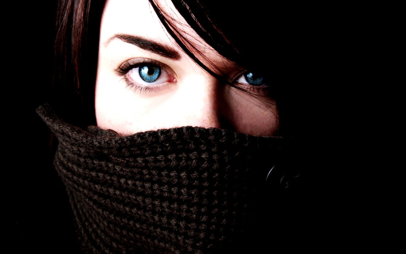 young adult, indoors, scarf, human eye, blue eyes, warm clothing, studio shot, looking at camera, eyes, beautiful woman, brunette, women, adult, portrait