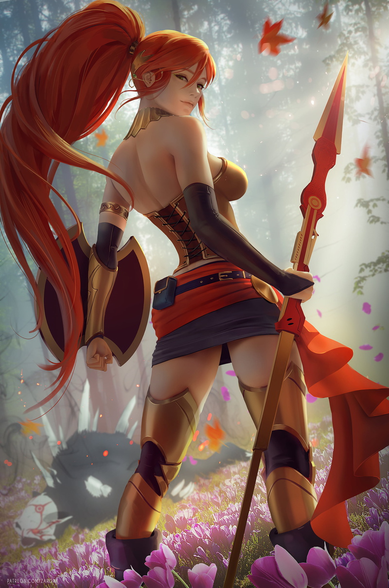 vertical, artwork, ponytail, Pyrrha Nikos, digital art, Zarory, 4K, RWBY, redhead, anime, shield, spear, illustration, miniskirt, behind, looking at viewer