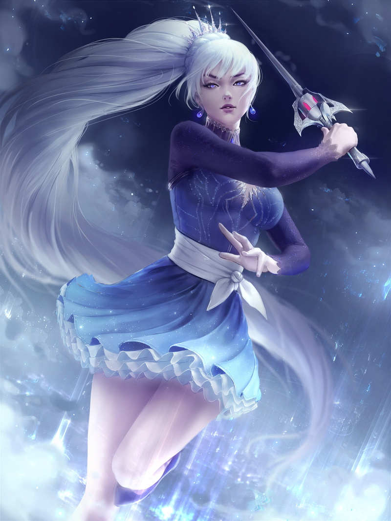 Weiss Schnee, white hair, dress, drawing, parted lips, fan art, bangs, Zarory, sword, portrait display, long hair, illustration, 4K, RWBY, digital art